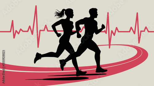 Fit Couple Running with Heartbeat Line – Cardio Fitness and Heart Health Silhouette