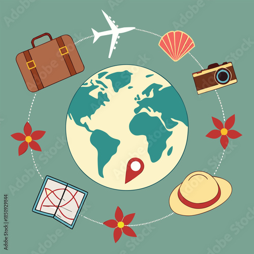 Vibrant travel and tourism concept with globe, suitcase, plane, camera, and map on green background