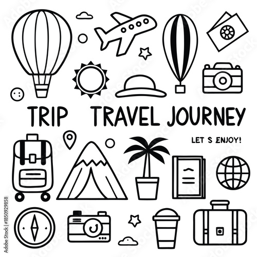 Travel journey trip vacation icons with suitcase, hot air balloon and airplane, adventure tourism concept, holiday