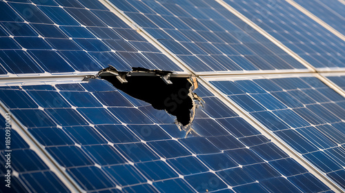 Damaged solar panels with a hole in one panel. The image shows the array of blue solar cells and the extent of the damage. Green energy challenges are evident.