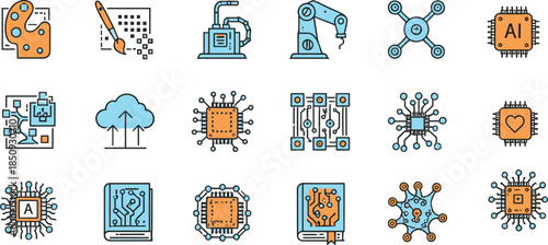 Set of 20 colorful icons representing AI, robotics, machine learning, digital design, and technology concepts for modern graphic use.