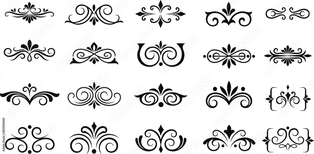 Naklejka premium Set of 20 elegant ornamental flourishes and swirls in black for invitations, certificates, and formal graphic design projects.