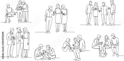 "Minimalist line art people socializing in groups, sitting, standing, talking, drinking, interacting for design and illustration use"