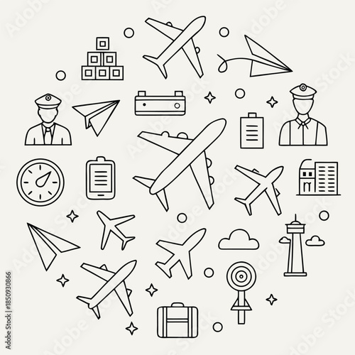 Air travel icons including airplanes, pilots, luggage, airport tower, clock, and paper planes on gray background