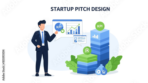 Startup Pitch Design Illustration Showcasing Business Growth Metrics and Investment Strategy