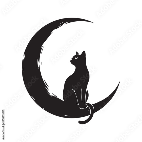 Black cat silhouette sitting on a crescent moon vector illustration isolated on white background.
