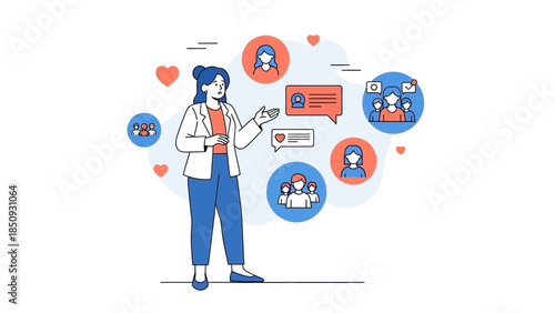 Illustration of a woman engaging in social media and communication activities with chat bubbles