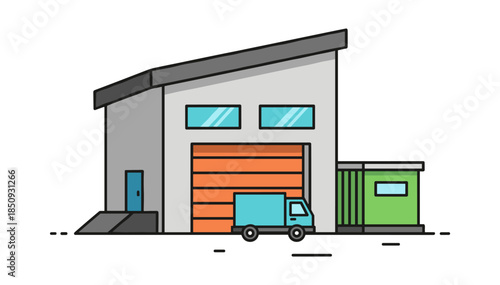 Warehouse building with delivery truck moving logistics