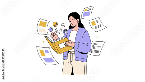 Young woman reading a book surrounded by floating documents and icons representing digital content