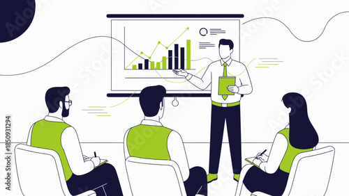 business presentation with growth charts and team members engaged in data analysis