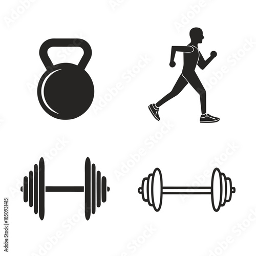 Black icons of fitness equipment and running man, kettlebell, dumbbells and jogging person for healthy lifestyle