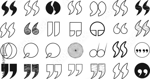 Set of 35 creative quotation mark designs with abstract, geometric, and artistic styles for typography and graphic design projects.