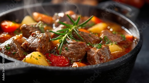 A hearty beef stew with tender chunks of meat and fresh vegetables, garnished with rosemary and parsley.
