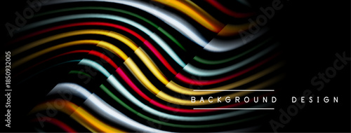 Abstract flowing lines create dynamic wave pattern. Dark background emphasizes vibrant color gradients, modern design element.