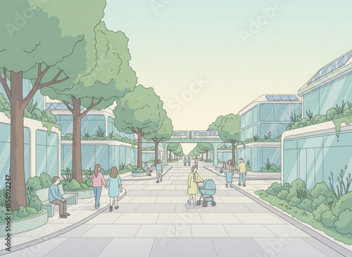 Car-Free Silent City Eco Friendly Urban Life Flat Vector Illustration