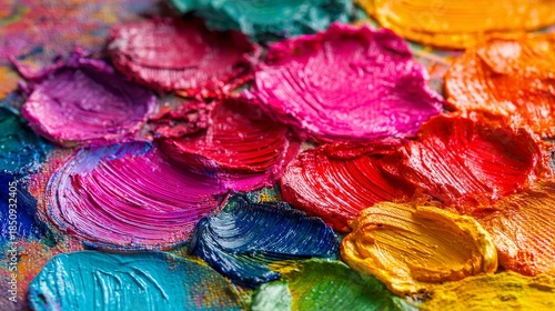 Abstract arrangement of colorful acrylic paint swirls showcasing vibrant textures and rich pigment blends