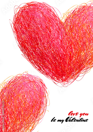 Valentine Day vector card. Hand drawn pen doodle hearts, love, happy Valentine's day