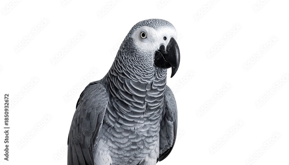 Fototapeta premium A grayscale depiction of an African bird with gray and white feathers, and a black beak, on a solid white background
