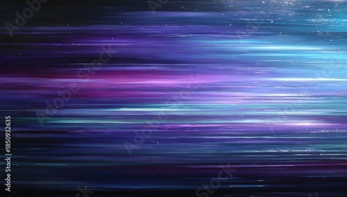 A horizontal abstract artwork, featuring streaks of purples, blues, and turquoise tones, conveying motion