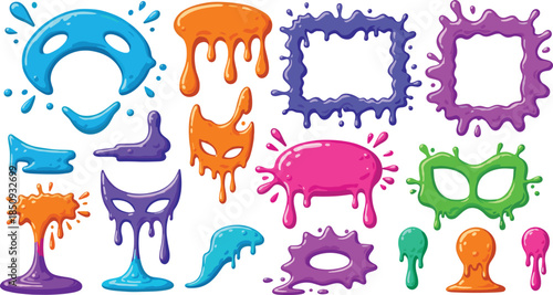 Colorful cartoon slime splash shapes set with dripping frames, puddles, masks, and abstract blobs for creative design use.