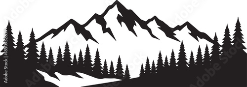 black silhouette of mountain range with pine trees on white background, vector.
