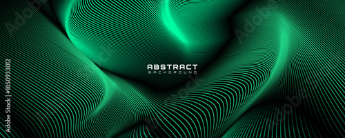 3D green lines techno abstract background overlap layer on dark space with waves effect decoration. Modern graphic design element stripes style concept for web, poster, flyer, card, or brochure cover