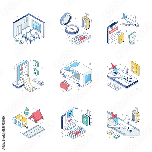 A trendy isometric illustrations set of Travel and Tours in modern style