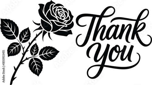 Thank You Rose Silhouette Vector with Elegant Cursive Text and Floral Design for Gratitude Cards and Decorative Art