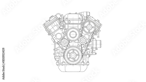 Internal Combustion Engine Front Profile Orthographic Line Art Vector