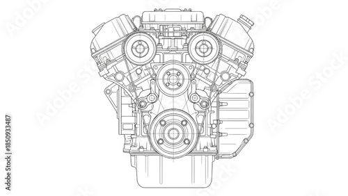 Internal Combustion Engine Front View Technical Line Art Illustration