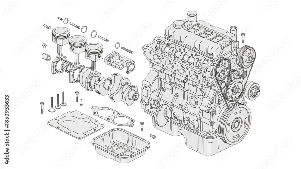 Obraz premium Detailed technical illustration of internal combustion engine assembly with exploded view components and mechanical parts in white background
