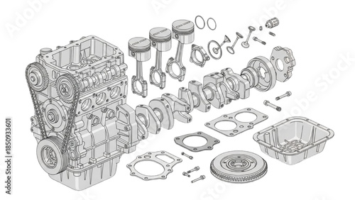 Exploded View of Internal Combustion Engine Components with Crankshaft and Pistons Detailed Illustration