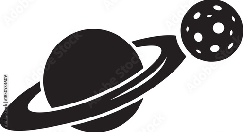 black silhouette of planet and moon on white background, vector.