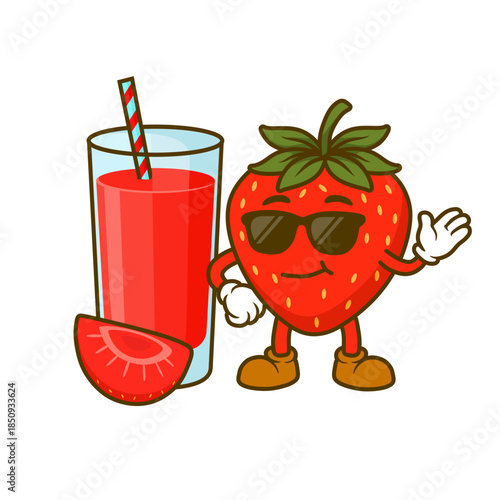 illustration of strawberry juice with mascot beside it