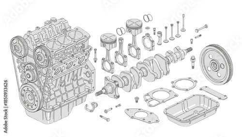 Internal Combustion Engine Exploded Assembly Technical CAD Illustration