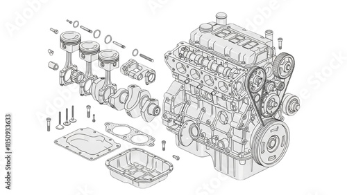 Detailed technical illustration of internal combustion engine assembly with exploded view components and mechanical parts in white background
