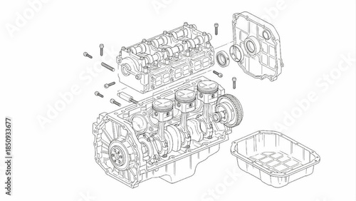 Internal Combustion Engine Line Art Exploded Assembly Illustration