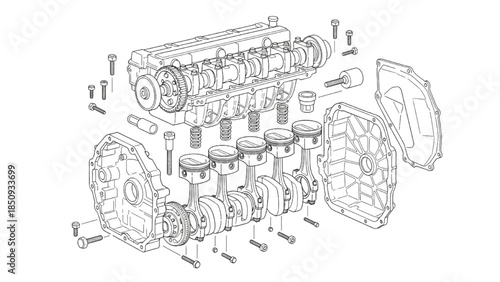 Exploded View of Internal Combustion Engine Components, Mechanical Illustration, Technical Drawing, Engineering Concept, Precise Line Art