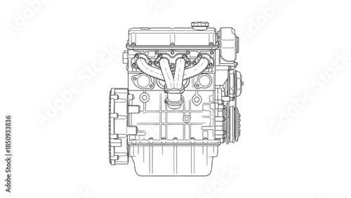 Internal Combustion Engine Side View Technical Line Art Illustration