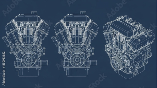 Internal Combustion Engine Blueprint Technical Vector Illustration