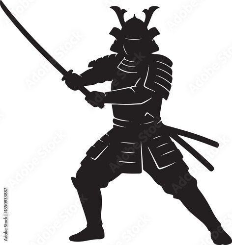 black silhouette of samurai on white background, vector.