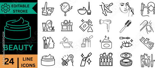 Beauty and Cosmetics Line Icons Set – Skincare, Makeup, Salon and Spa Symbols