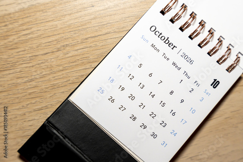A close-up view of a calendar page for October 2026, showing dates and days of the week. The page displays a clean, modern design, ideal for planning and scheduling.