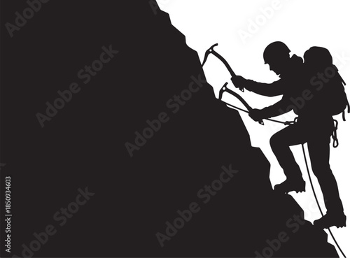 black silhouette of mountain climber on white background, vector