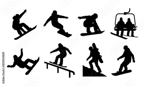 Snowboarding action silhouettes vector set on white background