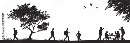 People silhouettes walking and relaxing in park landscape, outdoor leisure activities, nature scene with trees and birds isolated on white