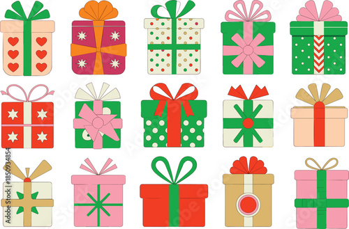 Colorful gift box icons collection, cute wrapped presents with bows ribbons, festive holiday celebration packaging vector illustration set