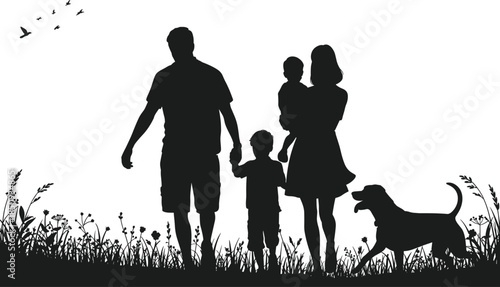 Happy family silhouette walking together with children and dog, outdoor nature lifestyle, love bonding concept, black human figures illustration