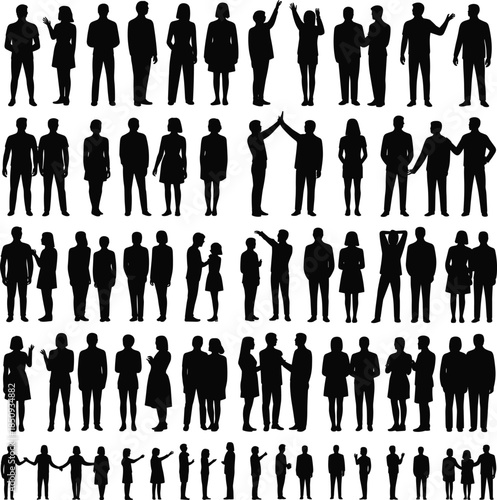 People silhouette interaction poses big collection featuring men women groups communication teamwork lifestyle black illustration set
