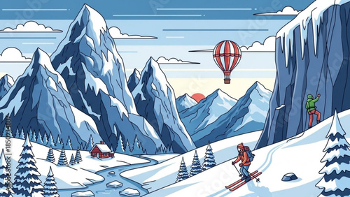 Winter Mountain Landscape with Skier, Climber, Hot Air Balloon at Sunset Vector Illustration